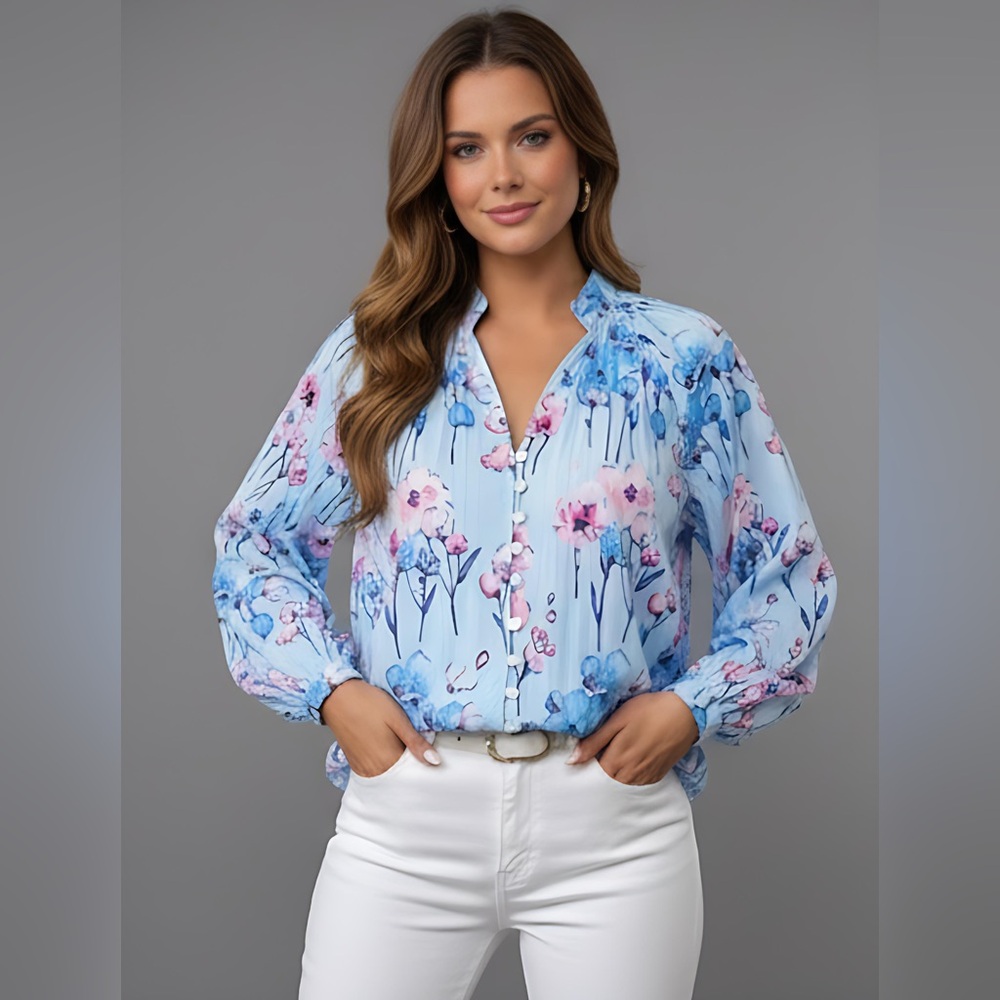 Blue Boho Floral Print Button Down Pleated Shirt